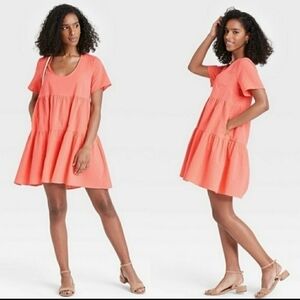 A NEW DAY Flutter Tiered Textured Babydoll Dress Sz M Peach Flowy Oversized